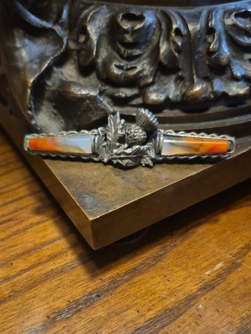 Victorian or Scottish Style bar brooch w/ orange agate stones Sterling Silver